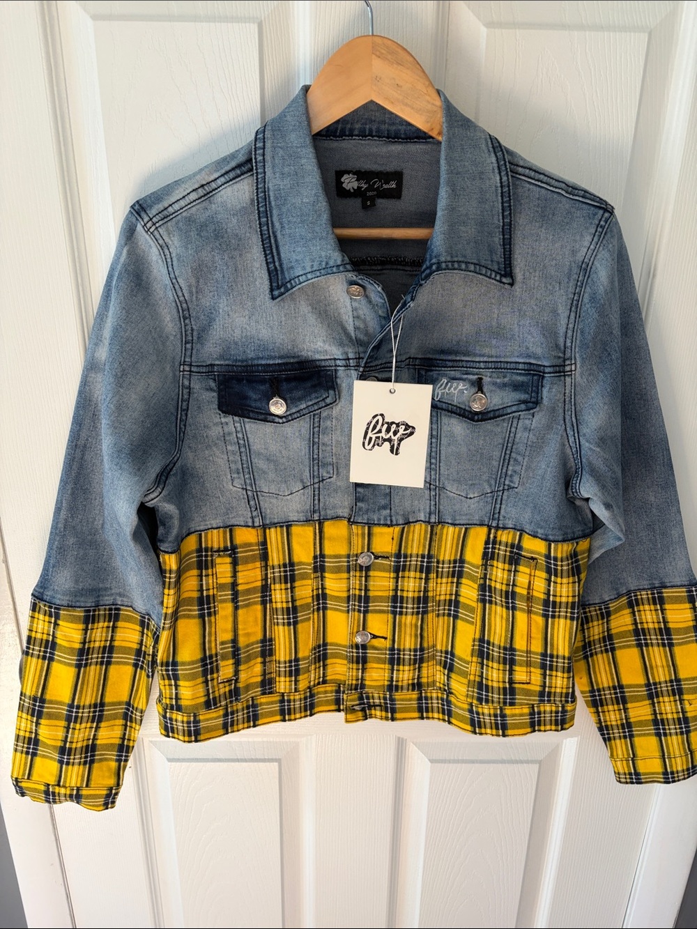 Women's Filthy Wealth Yellow Plaid Colorblock Denim Jacket S Grunge, Western